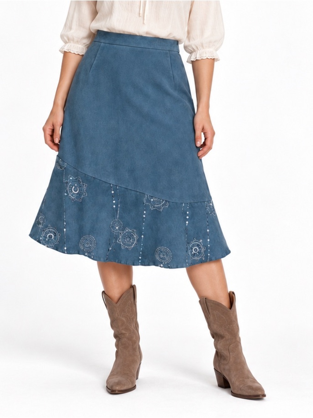 Vintage 90s Bantry Bay Blue Faux Suede Embroidered Sequin Midi Skirt M 30” W